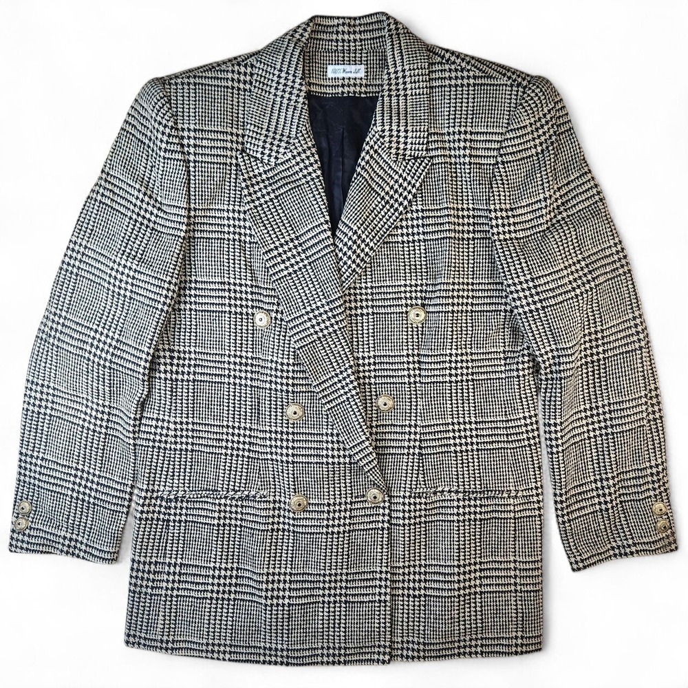 Doncaster Silks Blazer Size 16 Black Cream Houndstooth Plaid Woven Silk Vintage